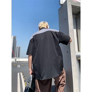 夏季新款短袖衬条纹衫拼接设计感休闲个性衬衣DC2233-特价P30图片