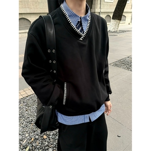 复古学院风V领麦穗绣花卫衣男春秋季休闲宽松内搭外套 WT20图片