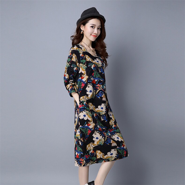 套头宽松腰连衣裙抽象图案圆领长袖长裙2021年秋季,女装连衣裙,独衣靓