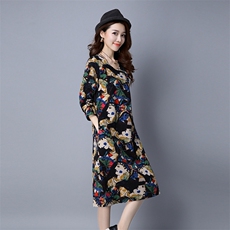 套头宽松腰连衣裙抽象图案圆领长袖长裙2021年秋季，女装连衣裙，独衣靓