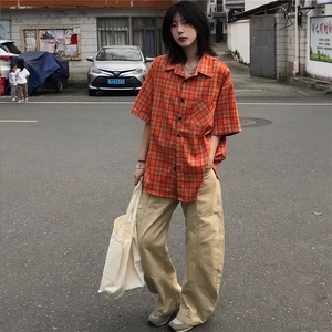 原宿简约日系日系复古格子衬衫女夏季多巴胺潮无品牌潮流ins新款图片