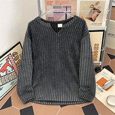 美式高街千鸟格子长袖T恤男女亨利V领英伦雅痞休闲宽松长袖打底衫，男装T恤，电商A443