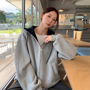 抖音得物二开美式高街重磅结构双层撞色连帽卫衣开衫外套W116,皮克斯滤镜高级感穿搭图片