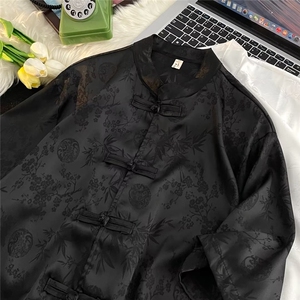 新中式盘扣龙袍短袖白衬衫男高级感风唐装冰丝外套式衬衣夏季图片