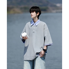 8XL-M假两件衬衫领短袖T恤大码夏季条纹拼接polo衫半袖DX1211/P45，男装T恤，电商B238