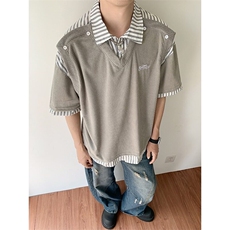 条纹衬衫拼接假两件短袖T恤男女同款夏季学院风宽松休闲翻领半袖，男装T恤，星座410-6（原星座1304-1）