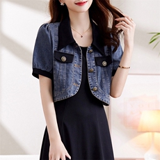 兮煜儿2023夏新款牛仔连衣裙女气质翻领短袖上衣吊带连衣裙，女装牛仔外套，美沁