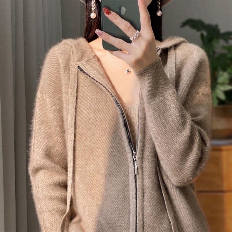 2025秋冬100%纯羊毛开衫女双拉链连帽外套宽松羊绒衫针织长袖毛衣,针织衫/毛衣,艾驰羊绒