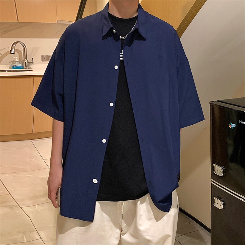 胖胖哥黑色短袖衬衫男款夏季港风外穿半袖衬衣大码宽松休闲外套,男装衬衫,电商A409-1