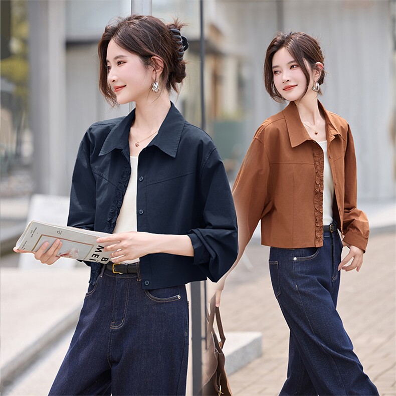 2025早秋新款韩系休闲复古别致好看小个子短款百搭衬衫薄外套女,女装衬衫,丽影随形