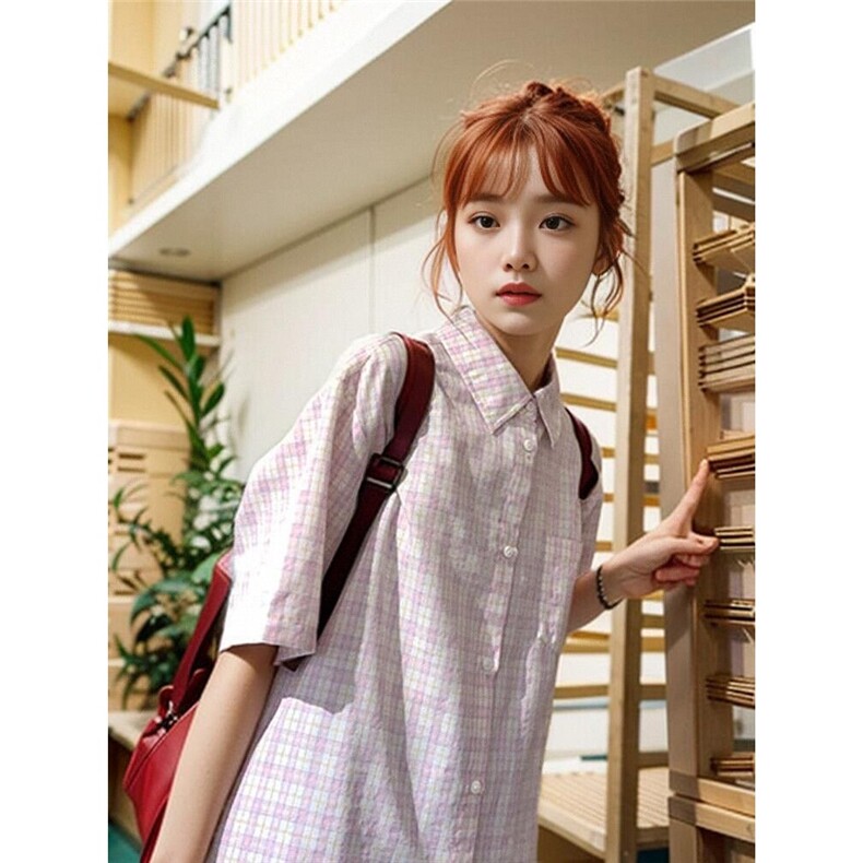 法式温柔高级感粉色格子短袖衬衫女夏季甜辣漂亮别致港味chic上衣,男装衬衫,星座506A