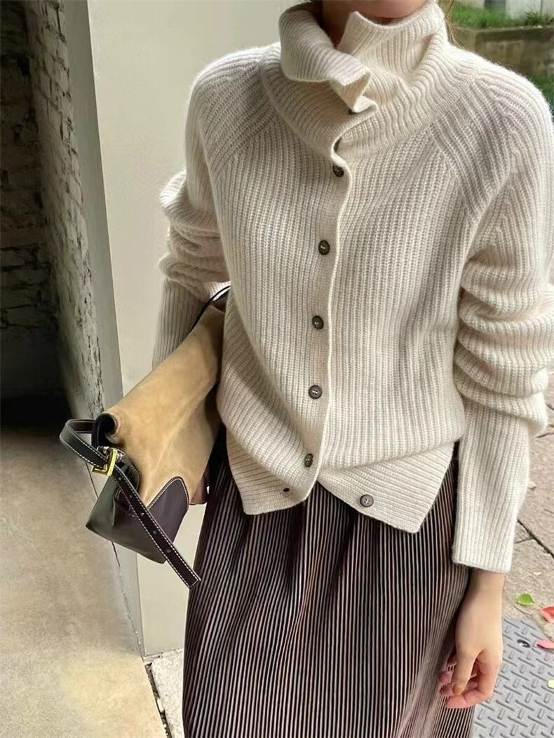 慵懒风高领单排扣针织开衫女秋冬新款欧货设计感高领加厚百搭毛衣,针织衫/毛衣,半城羊绒