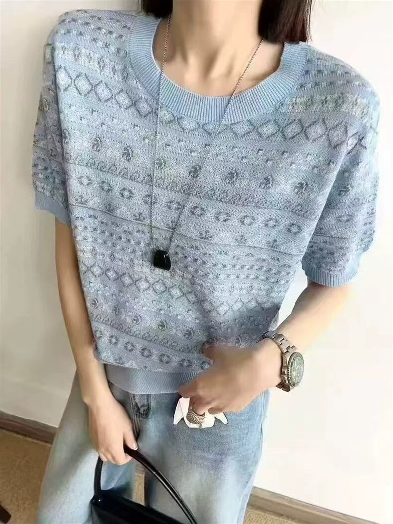 羊毛提花圆领套头短袖,女装T恤,艾米娇羊绒