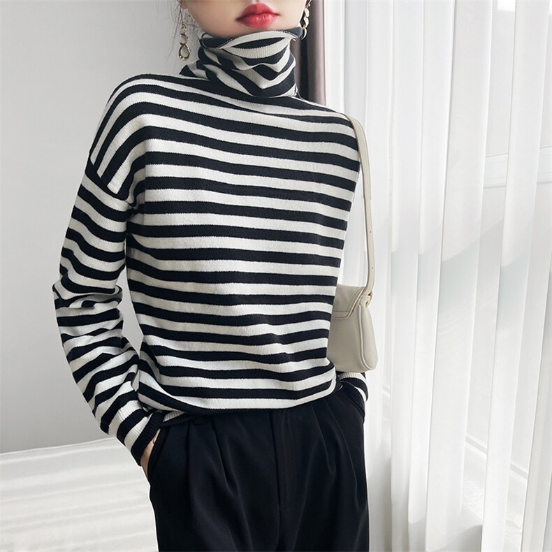 长袖条纹高领2024年秋季套头时尚针织衫，女装针织衫/毛衣，彩羽羊绒