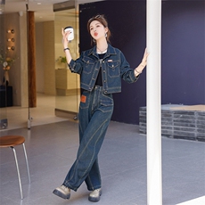 高端牛仔套装女春秋外套2025新款时尚宽松显瘦高腰阔腿长裤两件套，女装套装/套裙，秋水欣儿