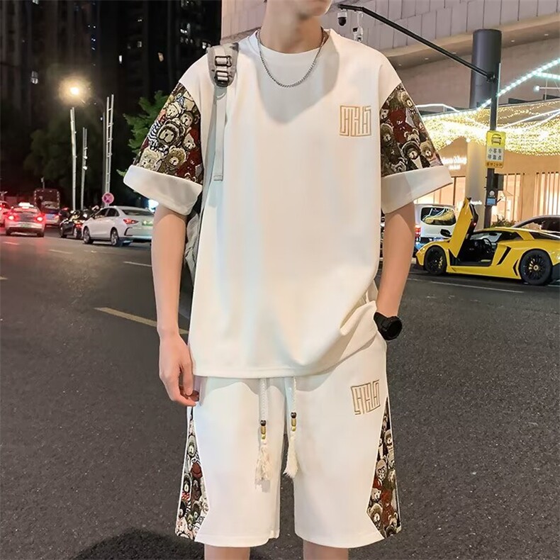 潮休闲运动套装男夏季宽松薄款短袖短裤两件套大码男装冰丝t恤,男装牛仔裤,星座1210-1