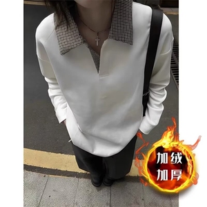 简约格子假两件polo翻领加绒加厚卫衣男款长袖打底衫套头图片