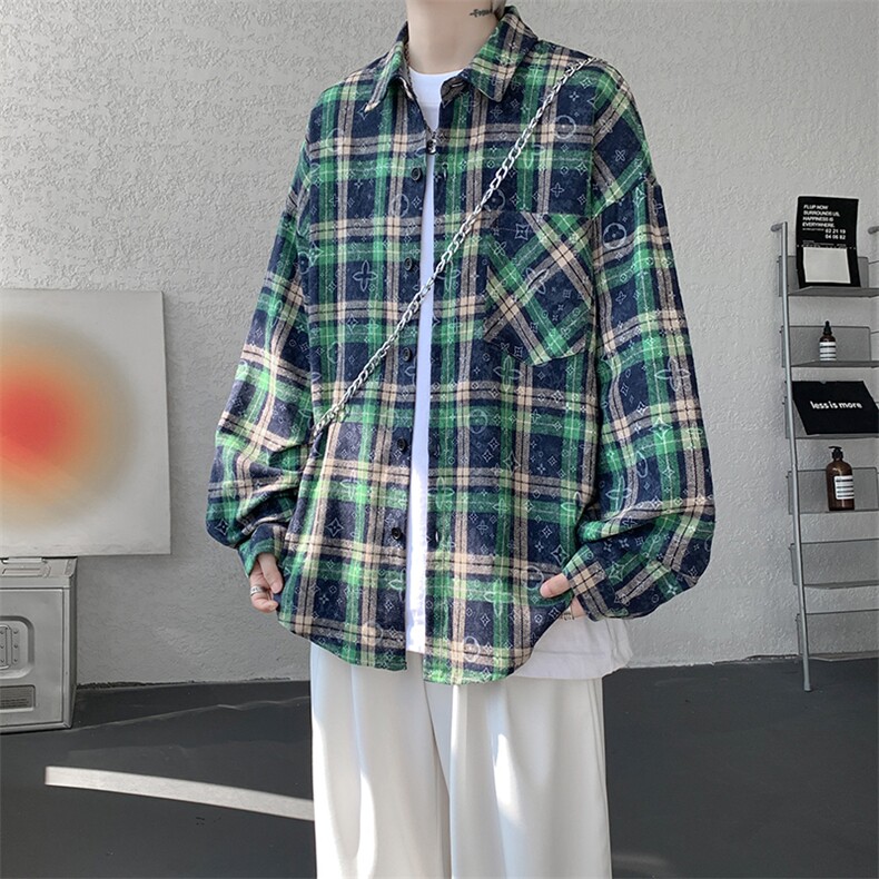 衬衫男秋季新款港风宽松大码磨毛格子扎染长袖衬衣CS507-P35,男装衬衫,星座214-3