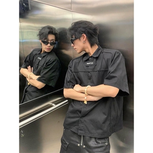 青少年慵懒新款夏季免烫原宿潮纯色标准时尚衬衫潮流五分袖日系图片