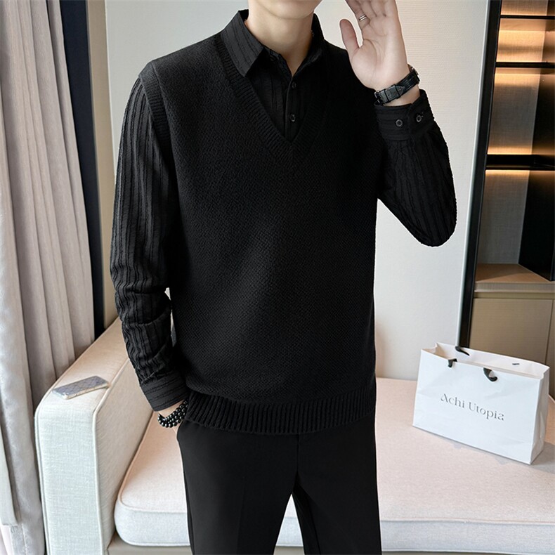 2025抖音男士假两件卫衣衬衫领新款刺绣针织打底衫CS21-P68,男装T恤,电商B278