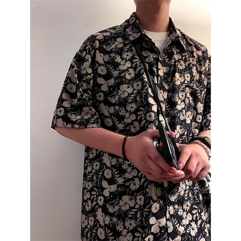 慵懒复古撞色黑花短袖衬衫男女款夏季复古宽松DX101-特P30限价48,男装衬衫,电商A178