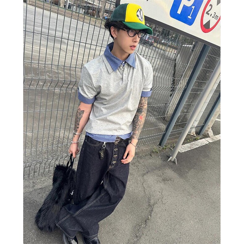 得物抖音高品质二开夏季美式潮牌高街假两件格子衬衣翻领短袖T恤,男装T恤,电商A486