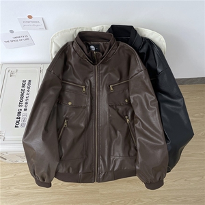 美式复古纹路PU皮衣夹克男女春秋机车服外套JK24-P90图片