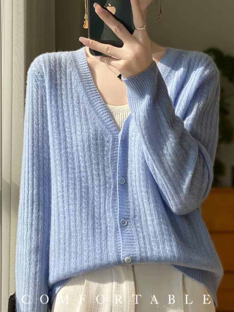 【正品清仓】V领100羊毛针织开衫短款上衣宽松提花春秋毛衣外搭，女装针织衫/毛衣，佑昭祥羊绒