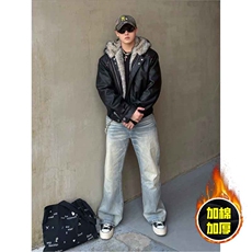现货冬季美式潮牌痞帅PU皮机车服棉衣毛毛绒狼王座山雕皮棉服，男装棉衣，电商A443