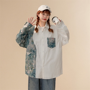 1中性风花型拼接长袖衬衫女大码情侣潮长袖衬衫男CS7714P60控88图片
