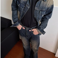 美式复古做旧牛仔外套洗水直筒宽松牛仔套装微喇长裤，男装牛仔裤，星座506A