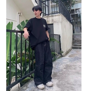 黑色明线设计感阔腿牛仔裤男美式复古高街水洗小众宽松直筒拖地裤图片