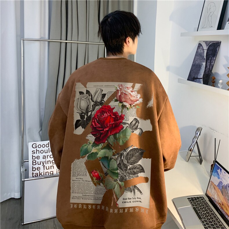 抖音品质麂皮绒港风复古玫瑰宽松休闲卫衣JK23388特批36-控59,男装卫衣,星座605(原A050)
