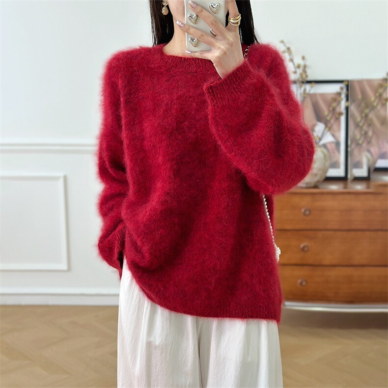 圆领长袖春秋新款毛衣套头百搭红色山羊绒针织衫，女装羊绒衫，仟禧羊绒