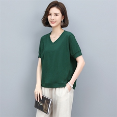 时尚女夏2022新款洋气宽松休闲纯棉短袖V领T恤亚麻裤子，女装T恤，阿丹