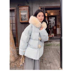 胖mm大码女装牛角扣羽绒棉服女韩系甜美风减龄棉衣连帽加厚外套女图片