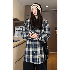 特批P30无差价2025秋港风格子翻领长袖衬衫男女中性复古衬衣C5450，男装衬衫，电商A001