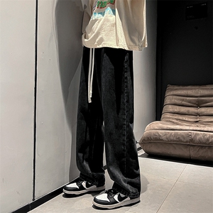 直播品质 抽绳牛仔裤男宽松直筒裤松紧裤系带黄泥染NB63 P50图片