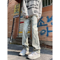 DWH69-P50美式复古做旧直筒水洗牛仔裤男女宽松设计感长裤子潮流，男装牛仔裤，星座603-2