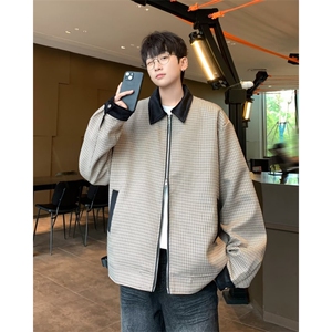 美式拼色千鸟格早秋外套男短款设计高级感双拉链翻领夹克 C8881图片