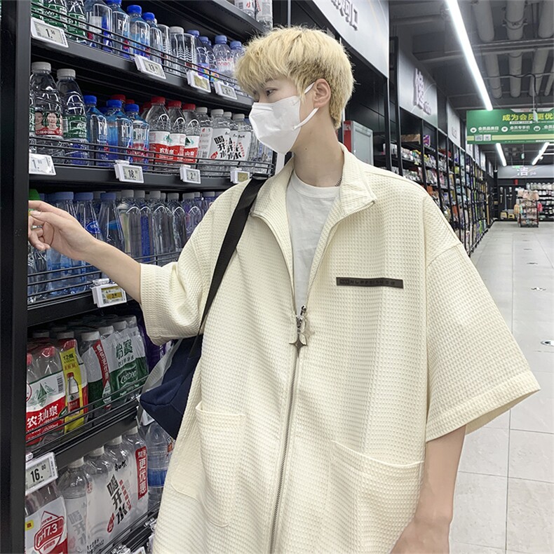 夏季短袖翻领衬衫男美式复古衬衣华夫格双拉链衬衫CS01270-P45,男装衬衫,星座308B-1