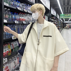 夏季短袖翻领衬衫男美式复古衬衣华夫格双拉链衬衫CS01270-P45，男装衬衫，星座308B-1