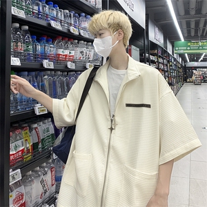 夏季短袖翻领衬衫男美式复古衬衣华夫格双拉链衬衫CS01270-P45图片