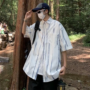 潮新款气质夏季潮流男衬衫文艺标准百搭条纹简约五分袖CY319-P30图片