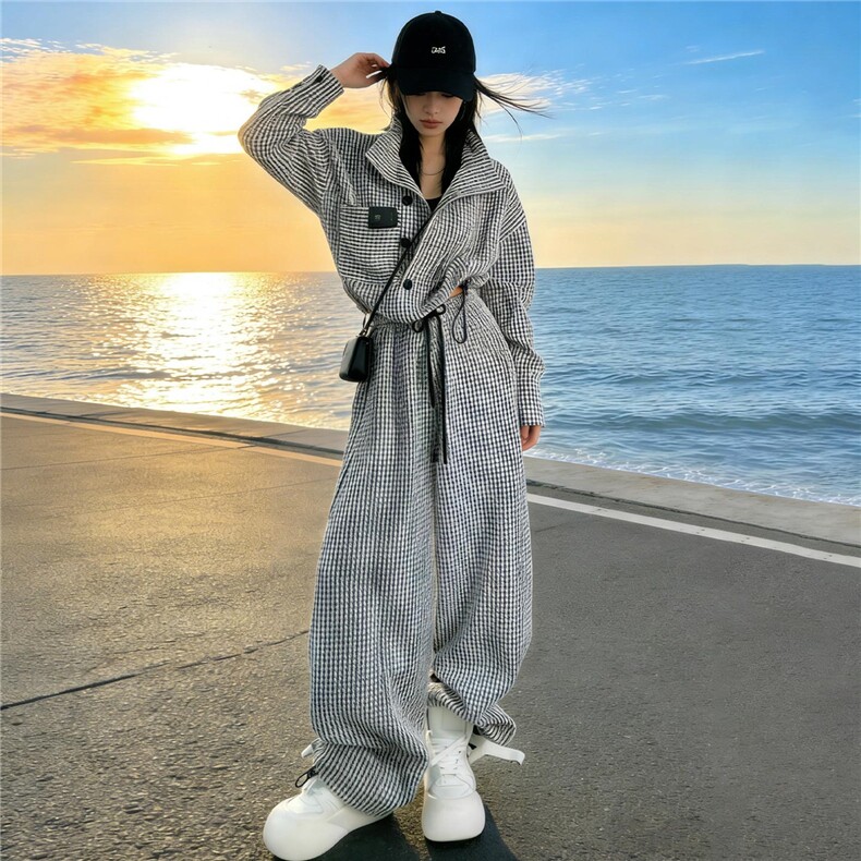 时尚套装洋气减龄女春季新款条纹收缩立领卫衣阔腿长裤两件套,女装套装/套裙,2C310