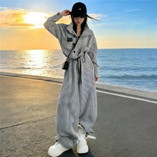 时尚套装洋气减龄女春季新款条纹收缩立领卫衣阔腿长裤两件套，女装套装/套裙，2C310