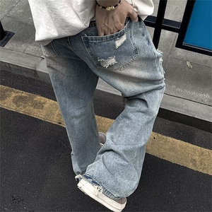 美式高街hiphop做旧重工破洞牛仔裤男女宽松显瘦微喇裤-B4125图片