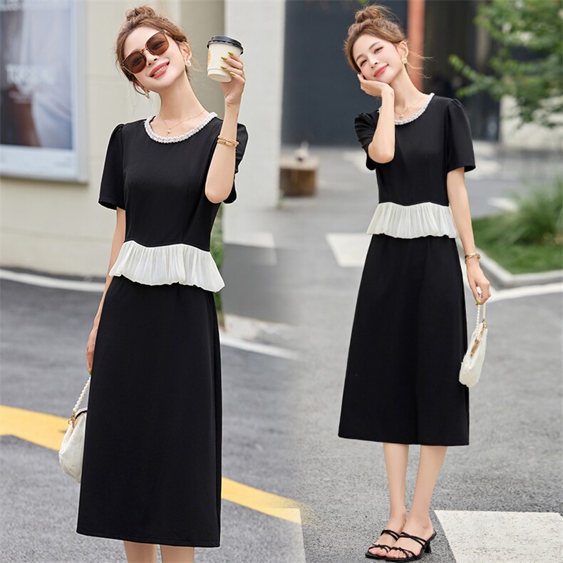 2025年夏季赫本风拼接假两件连衣裙，女装连衣裙，拾衣