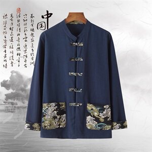T78* 中国风男士棉麻龙纹绣花唐装麻料长袖衬衫练功服 藏青 *P65图片