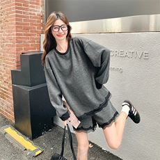 韩版宽松减龄卫衣短裤两件套女2025年春秋季新款时尚蕾丝拼接套装，女装套装/套裙，1D066-1